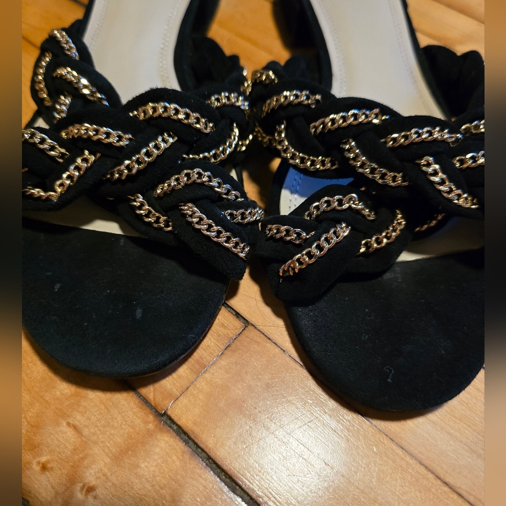 Sandro Chiara Suede Gold Chain Braided Black Slides Size 6.5 View 6